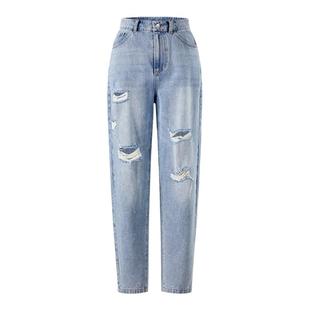 曼德诗破洞牛仔裤女2025秋季新款泼墨全棉高腰直筒裤哈伦裤九分裤