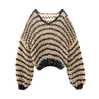 MMC手工编织粗针镂空波浪条纹亮片长袖套头针织衫毛衣外套上衣女