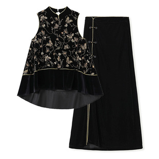 新中式亮片钉珠蝴蝶刺绣金丝绒马甲背心开叉半身长裙套装宴会礼服