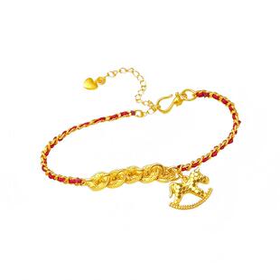 新中式轻奢沙金碎冰冰五帝钱小木马手链马上有钱红绳本命马年送礼