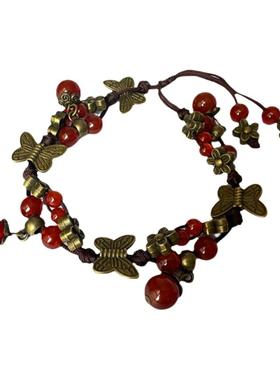 手工森系复古民族风编织玛瑙手链女2024年新款铃铛吊坠手绳夏天红