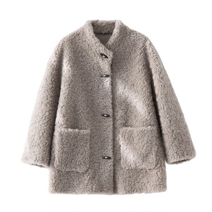 口碑品质!秋冬新款绵羊毛皮毛一体皮草立领新中式牛角扣大衣外套