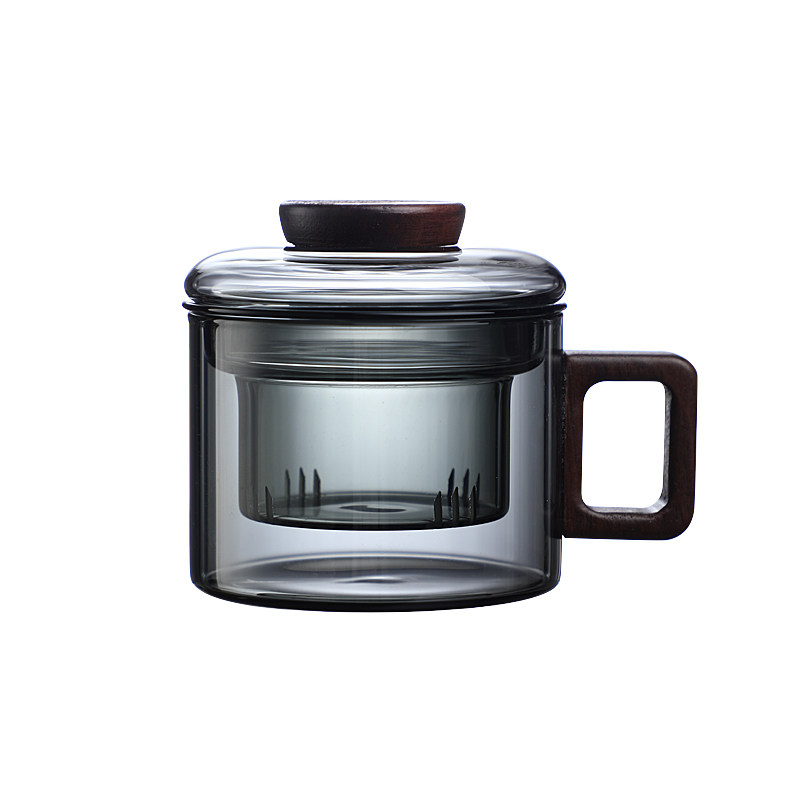 耐高温玻璃三件套茶杯胡桃木把防烫迷你办公茶水分离杯高级烟灰色