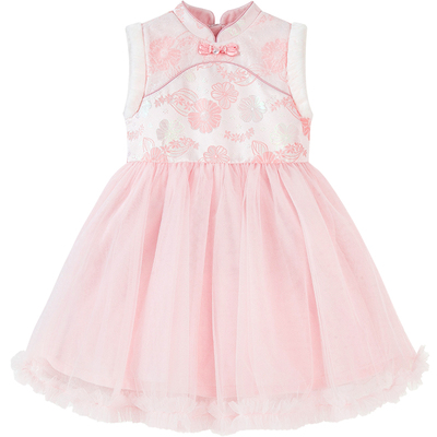 女童新中式立领拼接网纱连衣裙