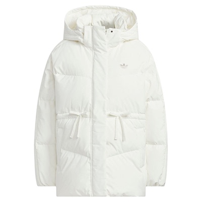 adidas阿迪达斯三叶草白色中长款鸭绒连帽羽绒服女秋冬装KF3685