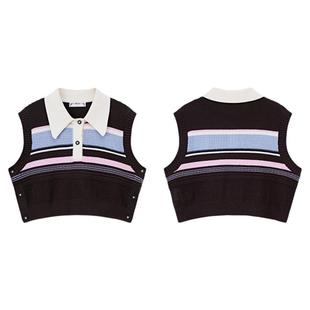 PIT翻领撞色套头无袖马甲背心针织衫女2025夏显瘦叠穿T恤上衣