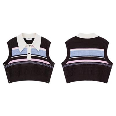 PIT翻领撞色套头无袖马甲背心针织衫女2025夏显瘦叠穿T恤上衣