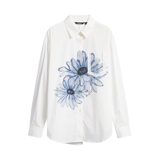 Desigual【明星同款】新品雏菊印花毛边口袋装饰女式衬衫