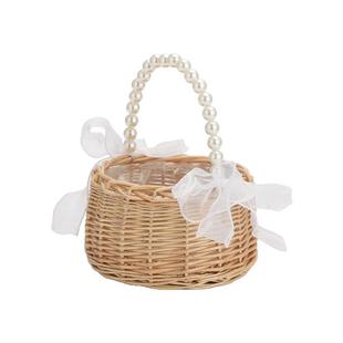 森系柳编珍珠手提花篮儿童花篮拍照道具撒花瓣篮满月酒随手礼篮