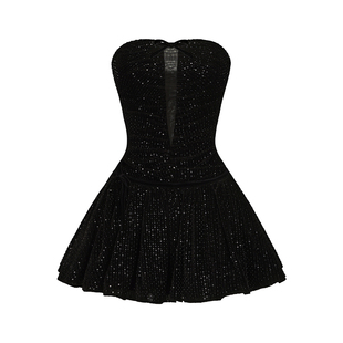 NanaJacqueline闪珠丝绒连衣裙女蝴蝶结鱼骨收腰抹胸礼服生日新年