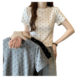 高级感气质波点短袖T恤女夏季修身韩版百搭小个子短款上衣体恤潮
