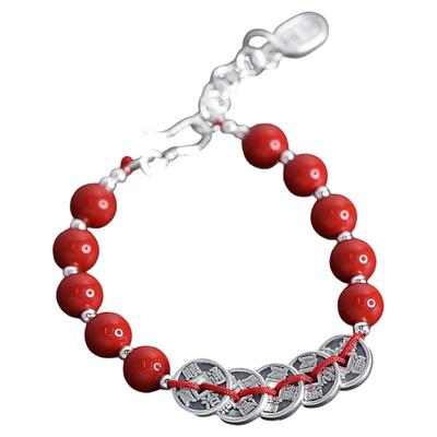 足银朱砂圆珠五帝钱手链女复古国风小众设计感新中式百搭手环饰品