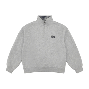 400g重磅立领字母刺绣半拉链套头卫衣男生春季宽松翻领格纹外套男