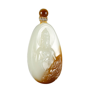 玉友和田玉观音吊坠男款玉坠糖青白玉御龙山水观自在菩萨玉挂件YD