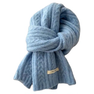 蓝色围巾女冬季2025新款加厚韩系氛围感含羊毛混纺初中生情侣围脖