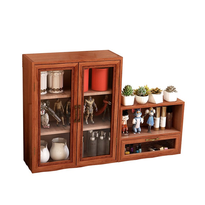 16桌面收纳盒木质梳妆台香水化妆品收纳盒置物架复古风柜子实木书