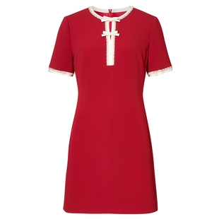 【法式洋装裙】Lakoradior拉珂蒂商场同款红色蕾丝领春夏连衣裙