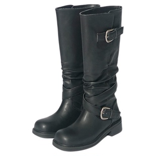 WDDYSHOES 2026春季新款复古做旧靴堆堆褶皱靴粗跟厚底长靴骑士靴