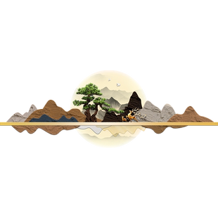 迎客松新中式沙发壁灯画别墅客厅挂画带LED氛围灯横版不规则壁画