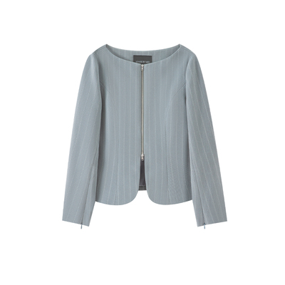 醋酸条纹提花船领前中金属拉链穿脱百搭女士上衣