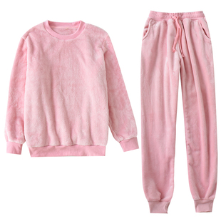 秋冬加厚珊瑚绒情侣睡衣女加绒长袖套头法兰绒收口男士家居服套装