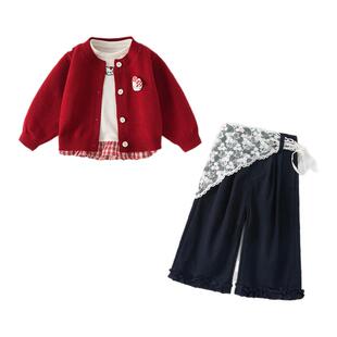 女童春装套装2026新款女宝宝红色针织外套牛仔裤T恤洋气儿童衣服