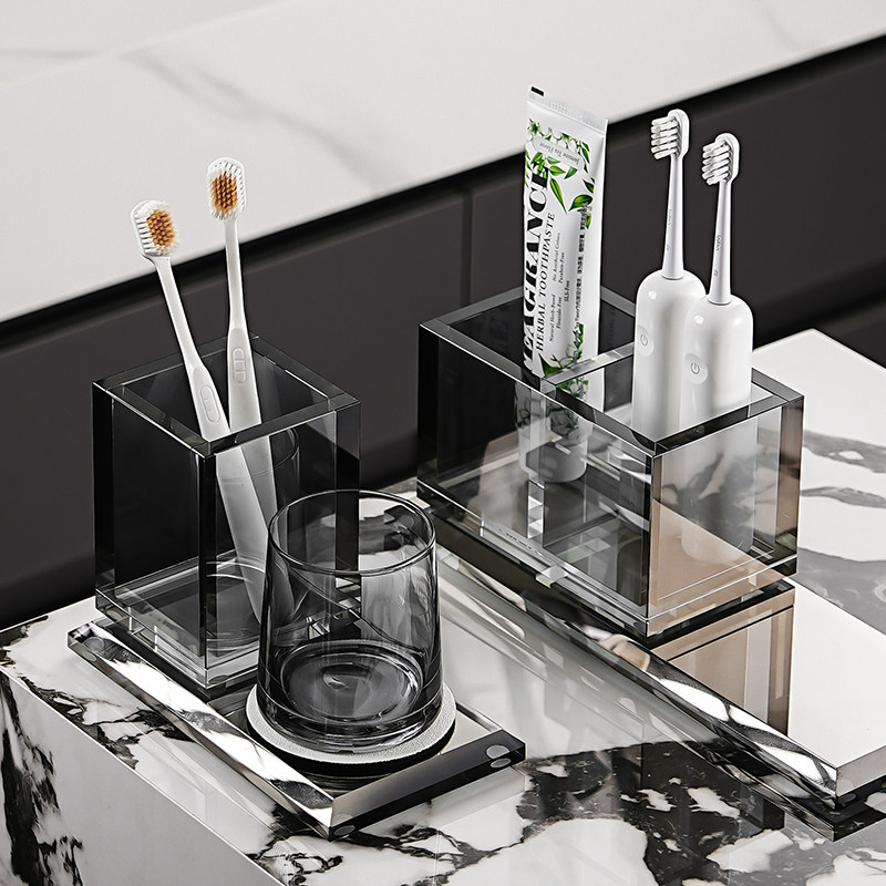 家用水晶玻璃单人牙刷架洗漱口杯架置物架极简风卫生间梳子收纳筒
