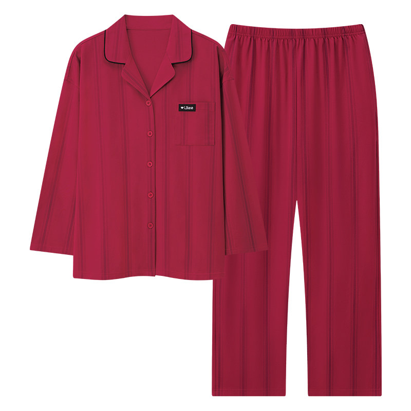 红色2026新款睡衣女纯棉秋季长袖纯色本命年结婚家居服套装