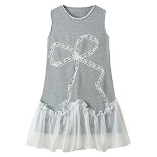 DIDDI MODA少女镂空蝴蝶结绣花无袖连衣裙宽松显高背心连衣裙温柔