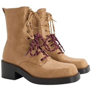 CHARLES&KEITH25秋季新款CK1-90380172方头粗跟双鞋带马丁靴短靴