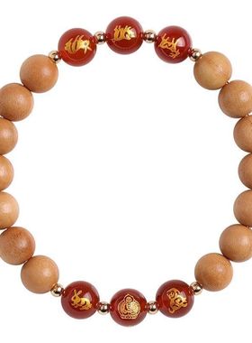 2025蛇年三合桃木朱砂手串六合本命年生肖转运马龙佛珠手链木质