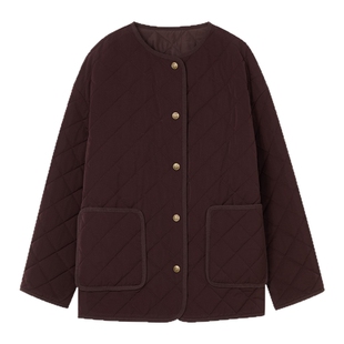 LANCY/朗姿2025年冬新款简约百搭圆领棉衣廓形菱格短款棉服外套女