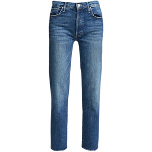 代购Mother高腰牛仔裤女九分直筒浅蓝色小个子拉长腿部显瘦