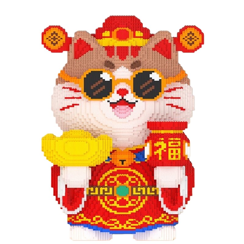 超大招财猫财神爷积木拼装摆件