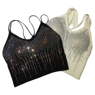 美背性感吊带女外穿内搭露背肚脐背心紧身显瘦短款烫钻亮闪闪上衣