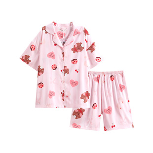 芬腾布朗熊女士睡衣夏季薄款冰丝短袖套装少女可爱卡通甜美家居服