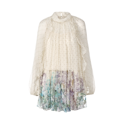 釉杏色桑蚕丝印花短款连衣裙