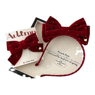 韩系儿童红色质感丝绒布艺蝴蝶结发夹女孩毛绒球发圈发箍女童发饰