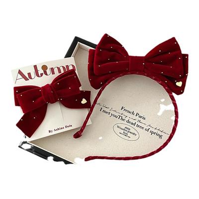 儿童红色质感丝绒布艺蝴蝶结发夹