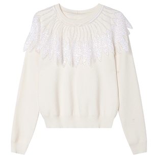 白鹿语千金风蕾丝亮片针织衫25秋冬新款高级感百搭圆领毛衣上衣