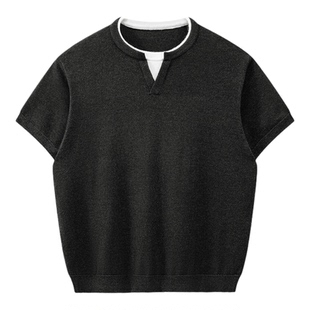 悟空有货夏季复古拼色假两件针织短袖T恤男潮牌宽松情侣百搭上衣