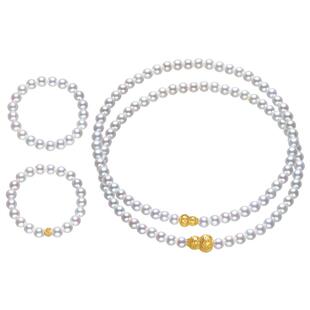 黛米珠宝 福悦 3-4mm圆形18K金葫芦款淡水珍珠手链戒指弹力绳女