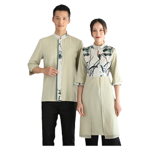 中式七分袖餐饮服务员工作服夏装短袖火锅店茶楼糕点酥茶艺定制女