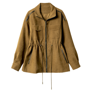 宝诗黎小立领休闲抽绳收腰外套2026春季复古美拉德宽松百搭女装