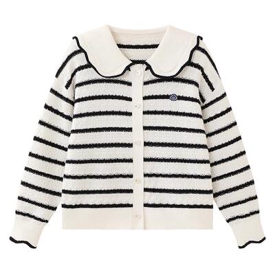 全棉时代儿童毛衣女童棉线翻领开衫条纹毛衣大翻领毛衣秋冬新款