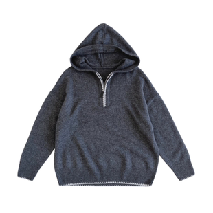 100%纯羊毛连帽衫慵懒风撞色牙边半拉链针织衫女秋冬宽松套头毛衣