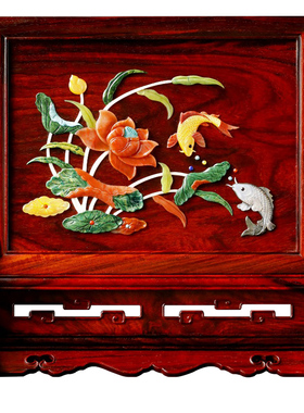 康御红印度小叶紫檀莲年有余插屏