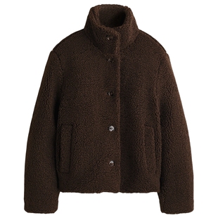 HM女装短外套冬季新款抗寒毛绒美学保暖泰迪绒外套夹克1305373