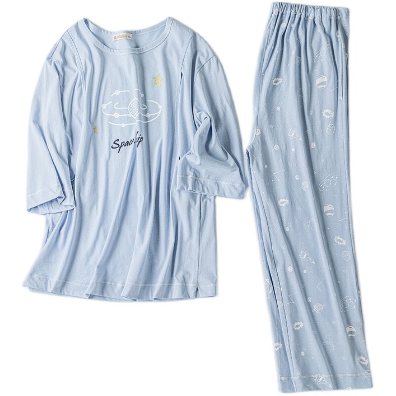 快乐屋孕妇家居服春装怀孕期圆领隐形哺乳口喂奶产前产后睡衣套装
