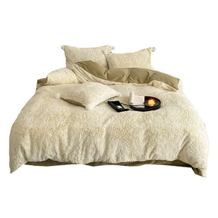 橡木苔绿｜轻奢高级感加厚兔毛雕花绒四件套1.8米床笠牛奶绒冬天